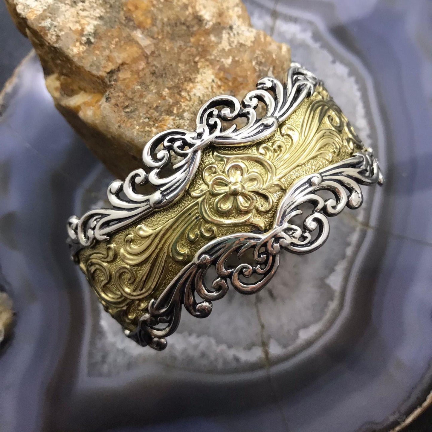 Carolyn Pollack Sterling Silver & Brass Decorated Engraved Bracelet For Women