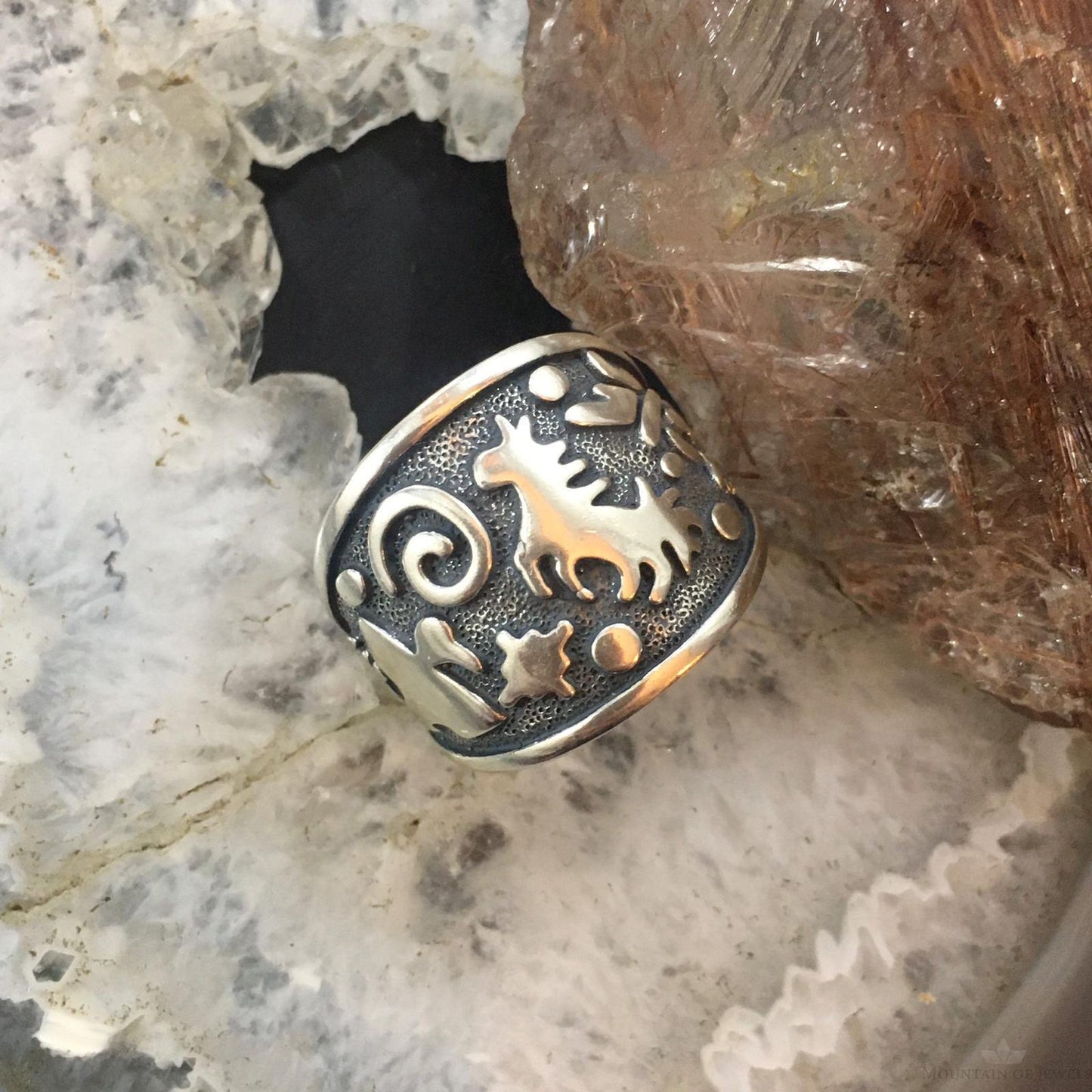 Jody Naranjo Vintage Southwestern Style Sterling Silver Fetish Symbol Decorated Ring For Women