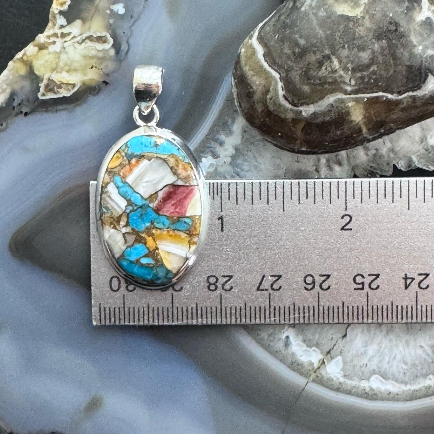 Sterling Southwestern Style Copper Turquoise Spiny Oyster Pendant For Women