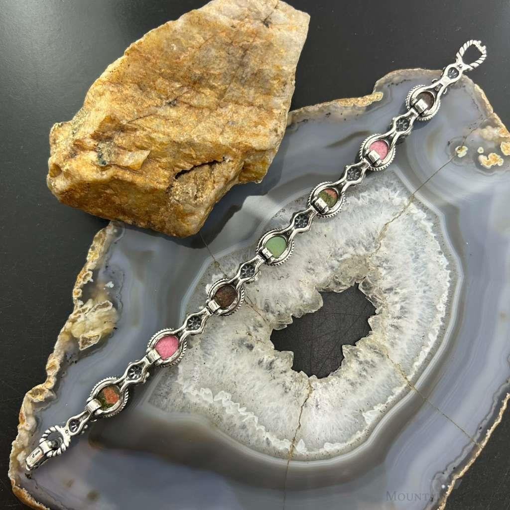 Carolyn Pollack Sterling Silver 7 Oval Multi-Stone 8" Decorated Link Bracelet For Women
