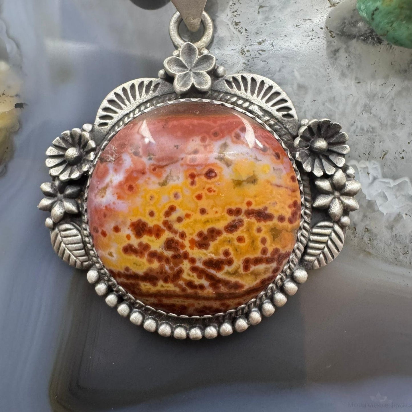 Sterling Silver Southwestern Style Round River Jasper Decorated Pendant For Women