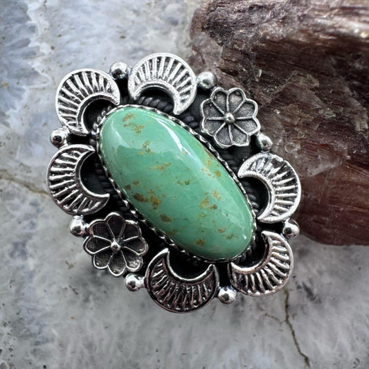 Sterling Silver Southwestern Style Oval Green Turquoise Adjustable Ring For Women