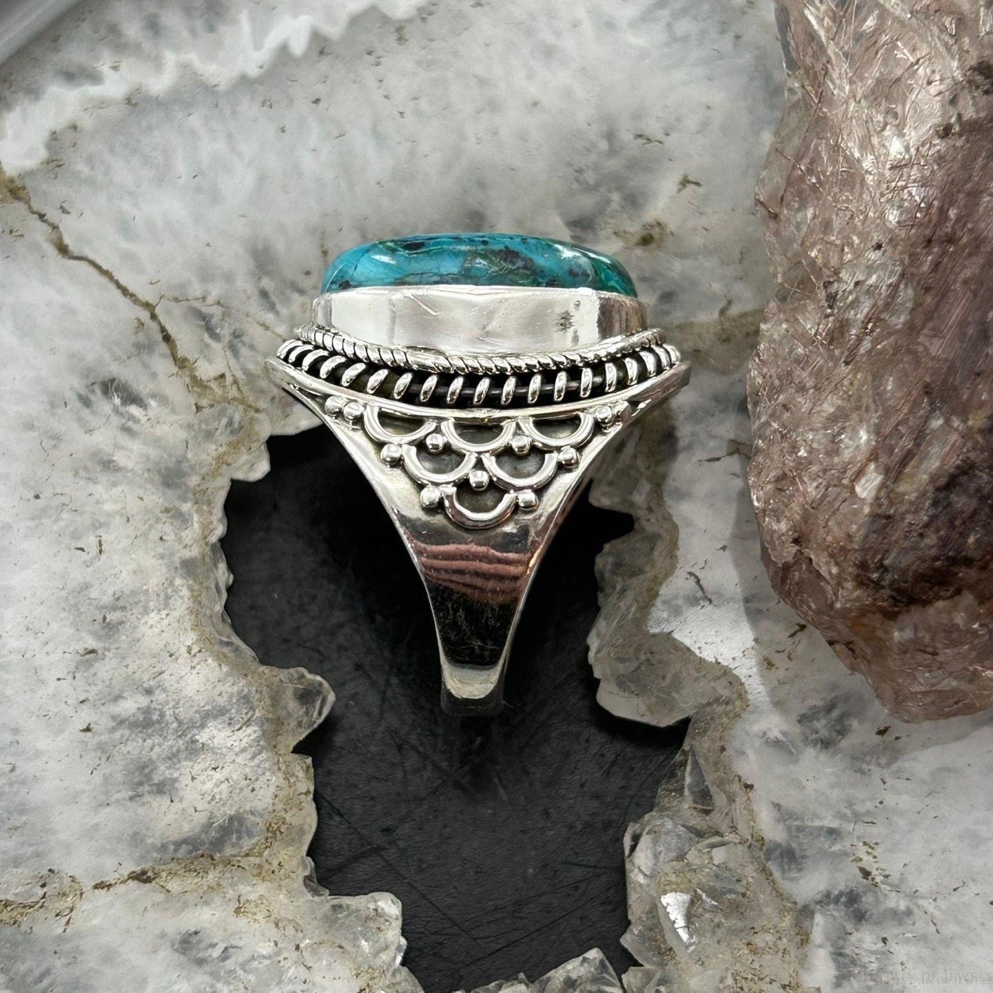 Sterling Silver Southwestern Style Oval Malachite Chrysocolla Ring Size 7.5 For Women