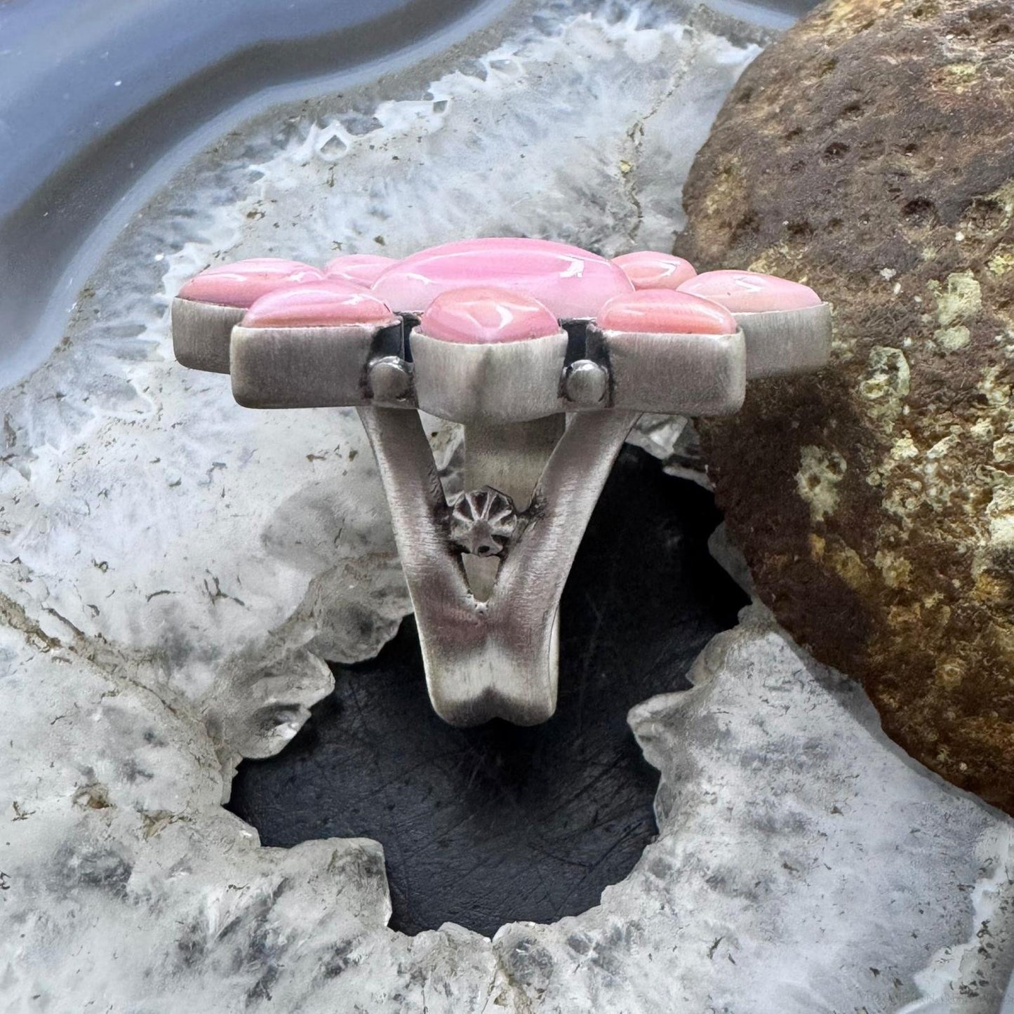 Native American Sterling Silver Pink Conch Adjustable Cluster Ring For Women