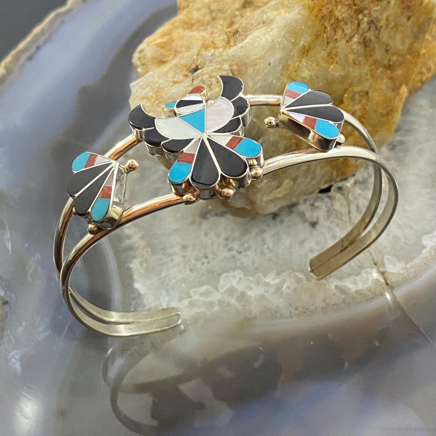 Beon Wallace Zuni Native American Sterling Multi Stones Inlay Thunderbird Cuff