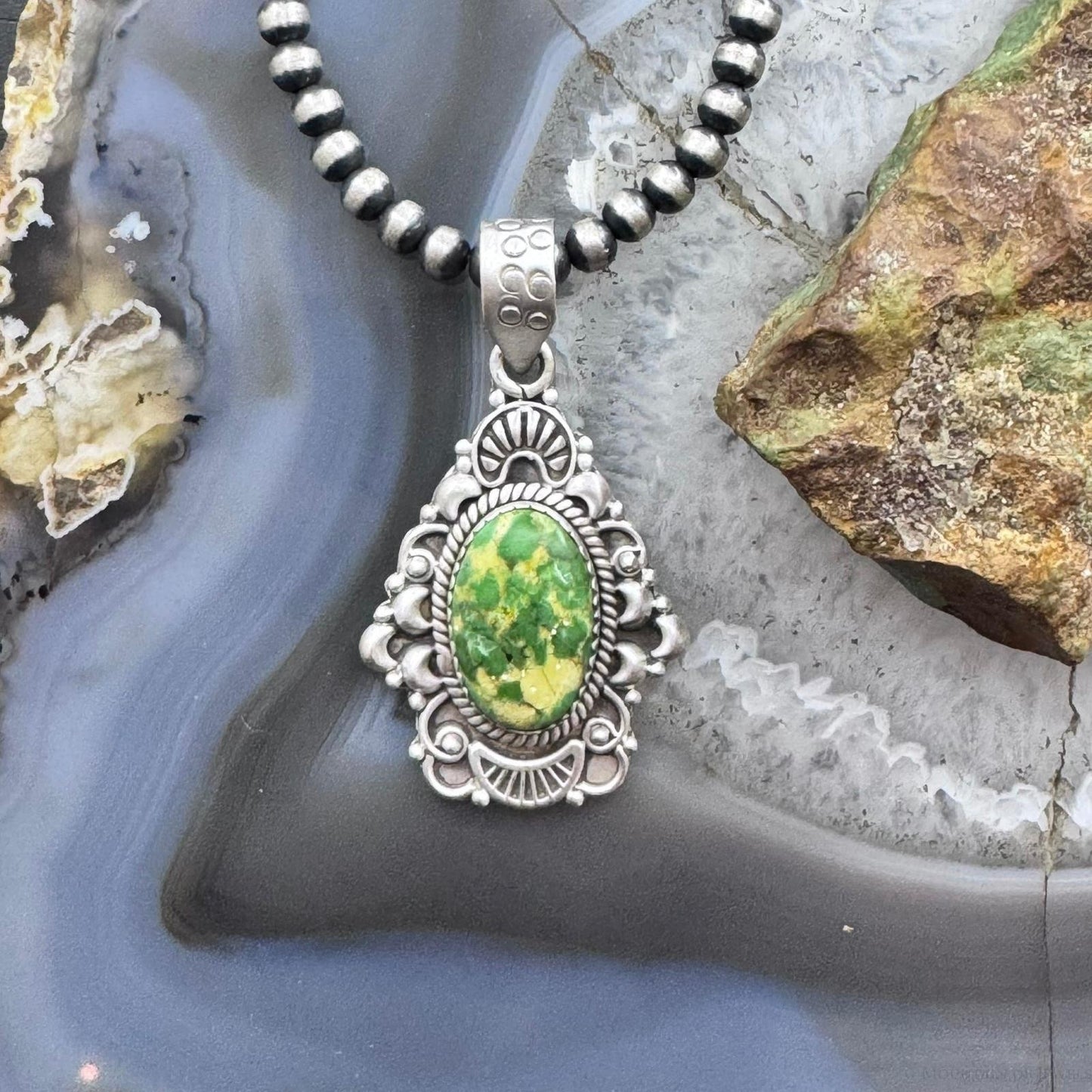 Sterling Silver Southwestern Style Oval Sonora Gold Turquoise Decorated Pendant For Women
