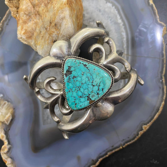 Vintage Native American Silver Sandcast Turquoise Wide Bracelet For Women