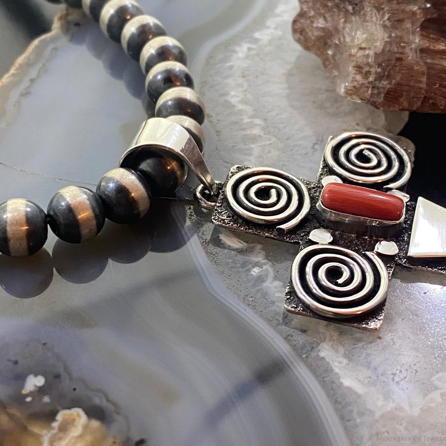 Alex Sanchez Native American Sterling Coral Petroglyph Cross Uni Pendant #4