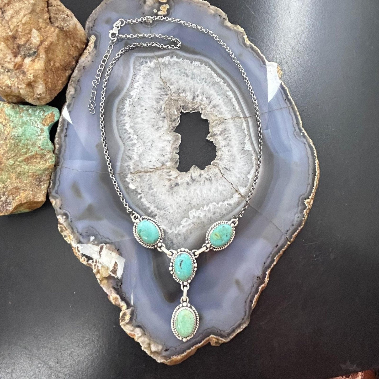 Sterling Silver Southwestern Style 4 Oval Turquoise Lariat Necklace For Women