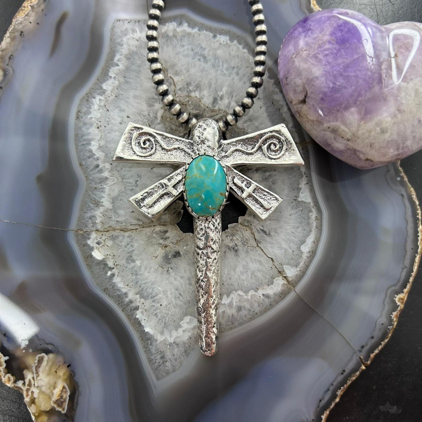 Gary Custer Navajo Sterling Silver Tufa Cast Turquoise Dragonfly Unisex Pendant