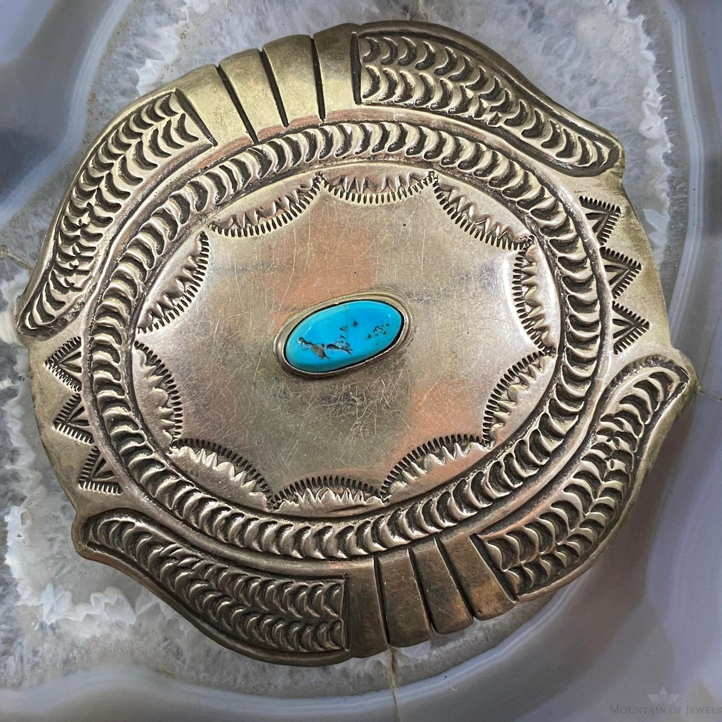 Vintage Native American Sterling Silver Heavy Stamped W/Turquoise Belt Buckle