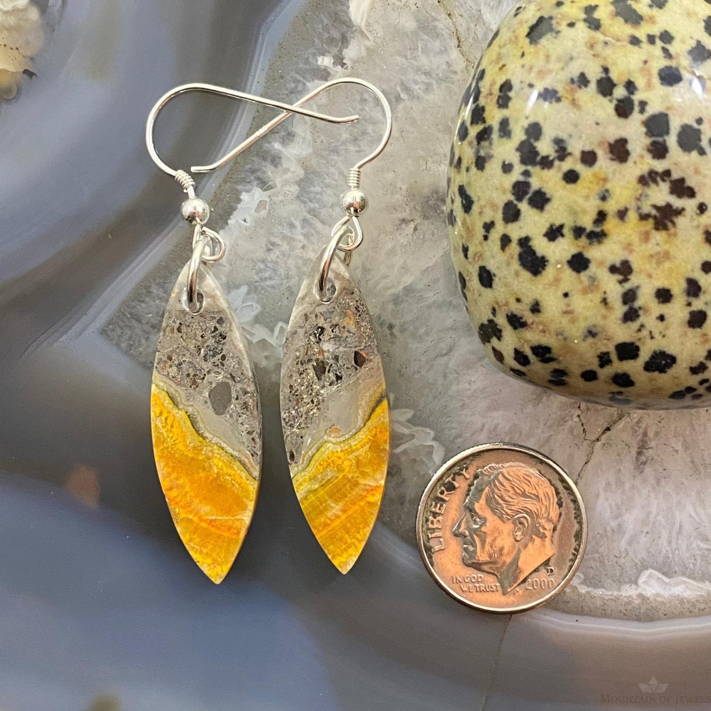 Sterling Silver Marquise Bumblebee Jasper Slab Dangle Earrings For Women #064