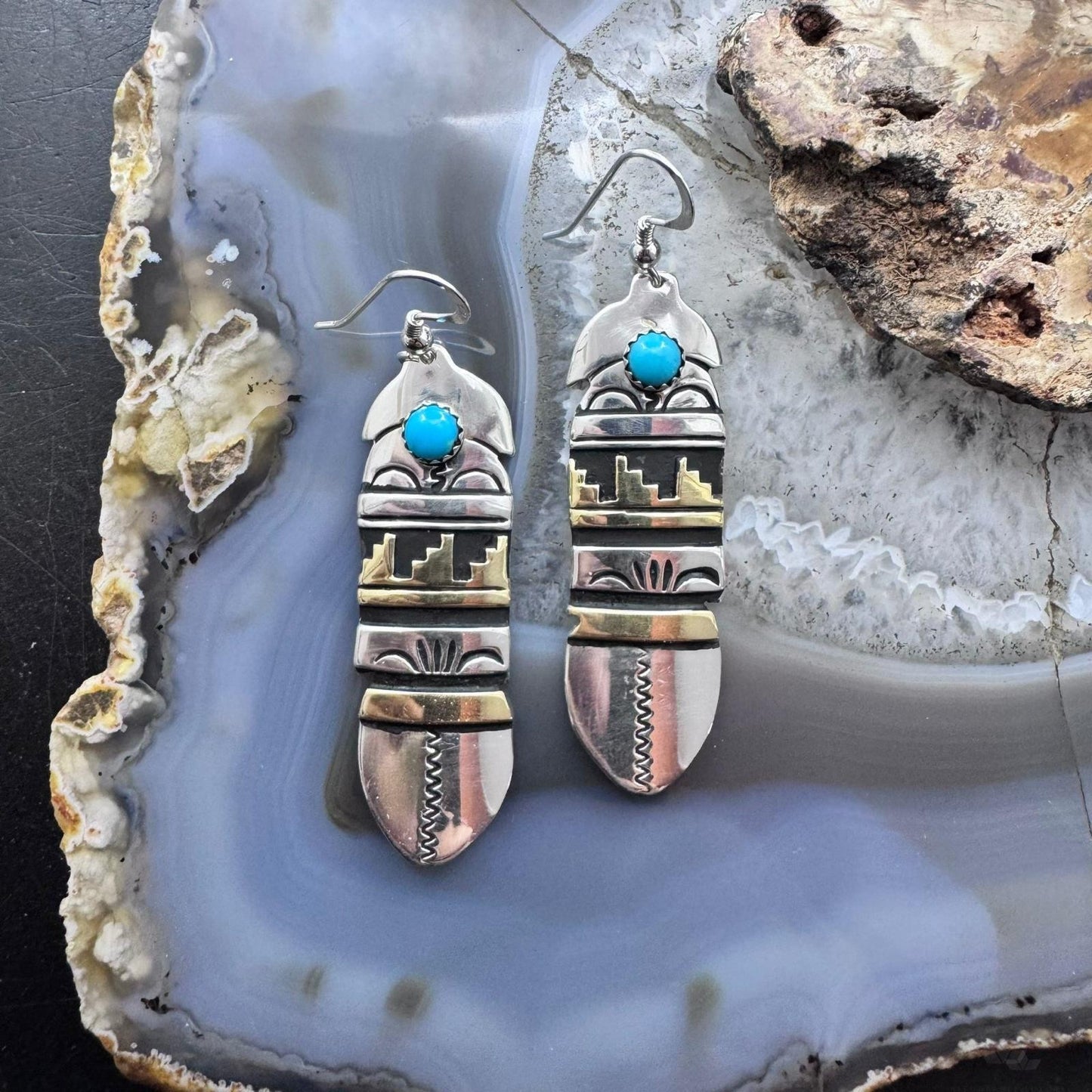 Tommy & Rosita Singer Sterling Silver & Gold Filled Dot Turquoise Feather Dangle Earrings For Women