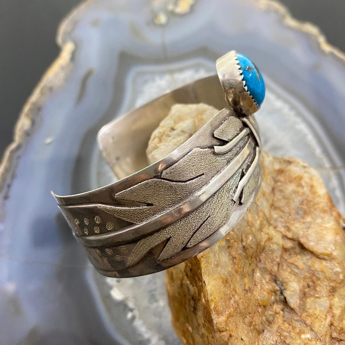Vintage Signe Native American Sterling Silver Turquoise Overlay Texture Bracelet For Women