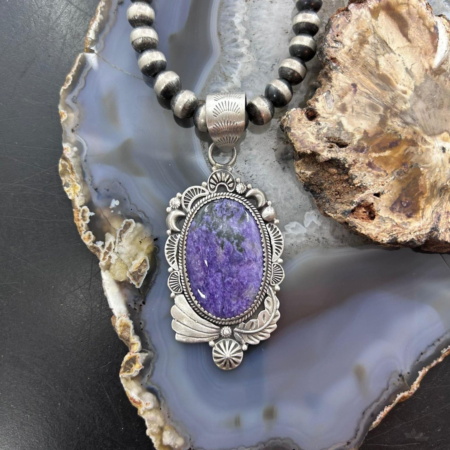 Sterling Silver Southwestern Style Oval Charoite Decorated Pendant For Women