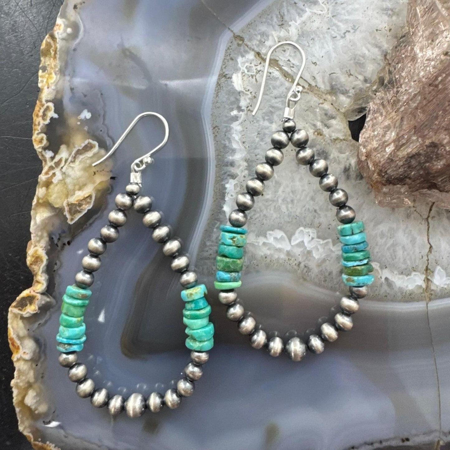 Sterling Silver 4mm Navajo Pearl Southwester Style & 6mm Turquoise Bead Hoop Earrings For Women