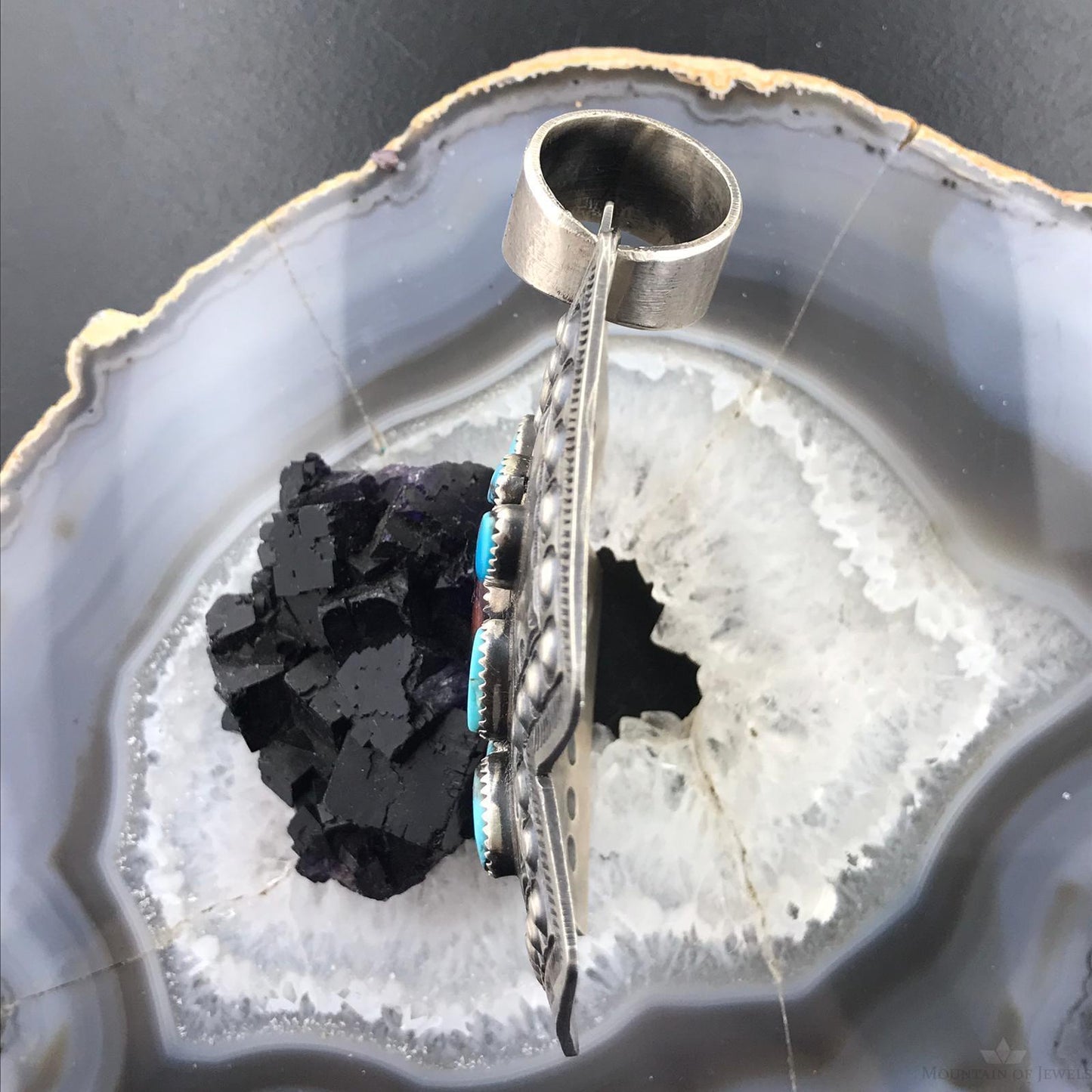Shawn Cayatineto Native American Sterling Turquoise and Spiny Oyster Uni Pendant