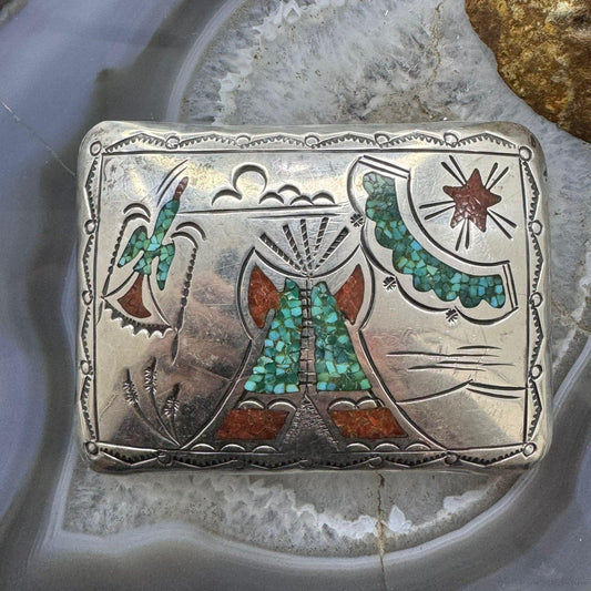 Jimmy Nezzie Vintage Sterling Silver  Turquoise & Coral Chip Inlay Unisex Belt Buckle