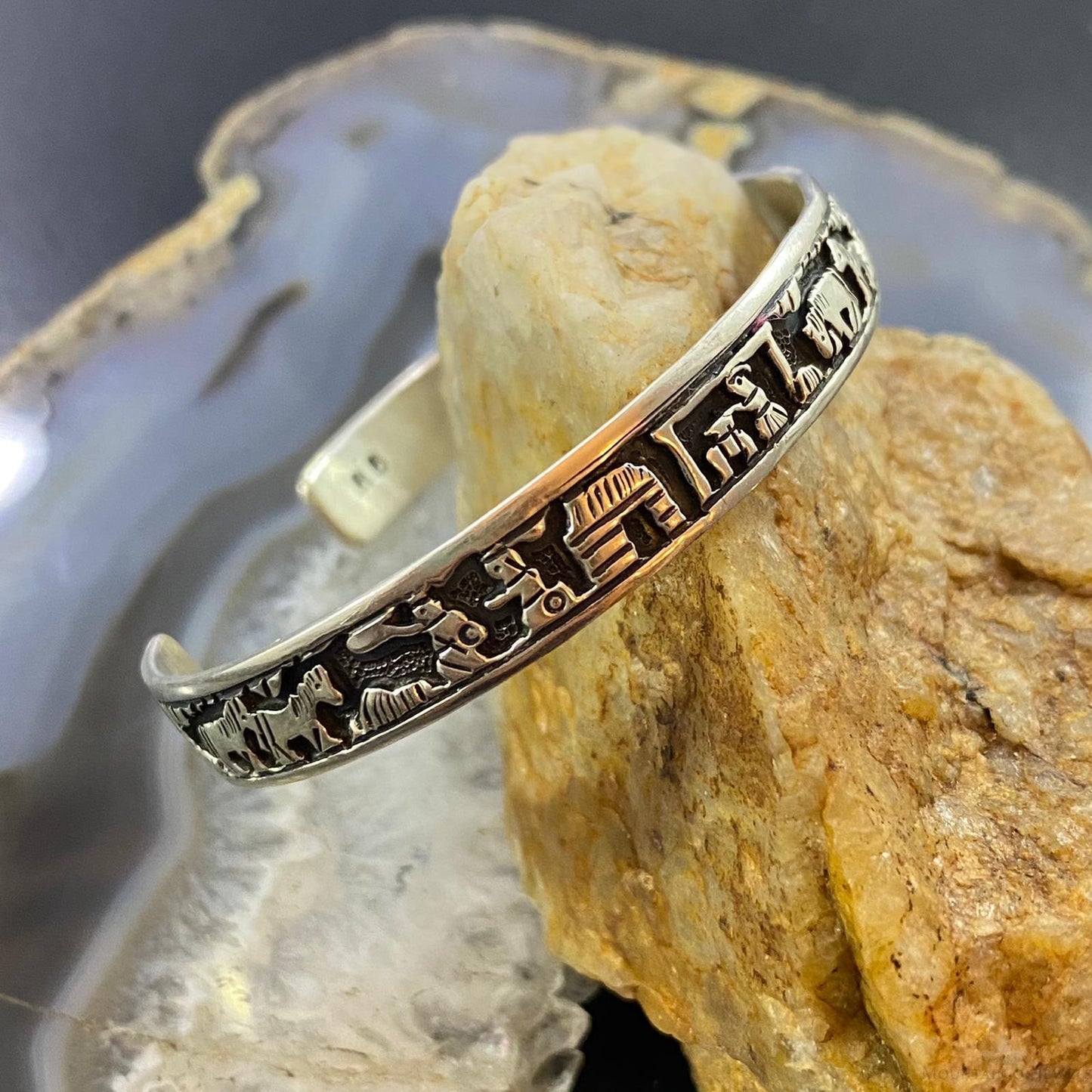 Vintage Signed Native American Sterling Silver Storyteller Bracelet For Women