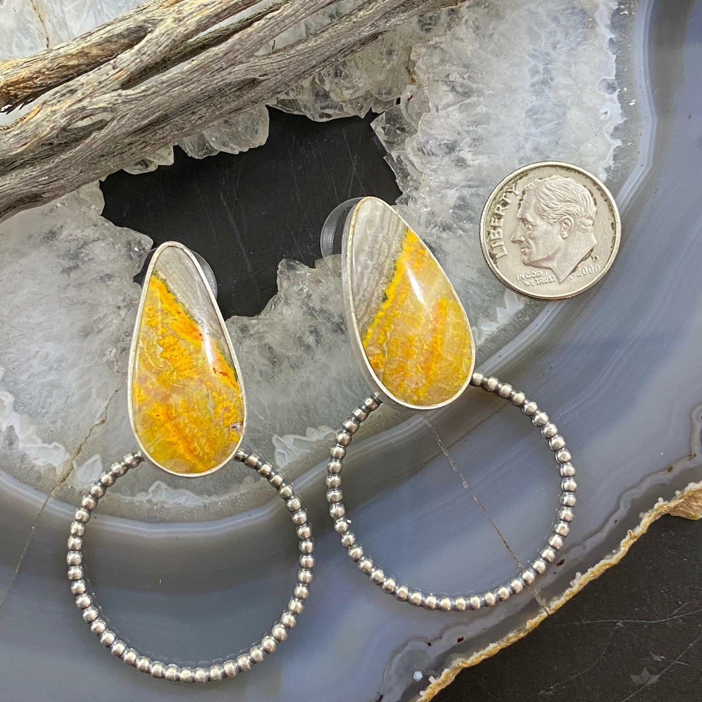 Sterling Silver Bumblebee Jasper w/ Hoop Post Earrings For Women