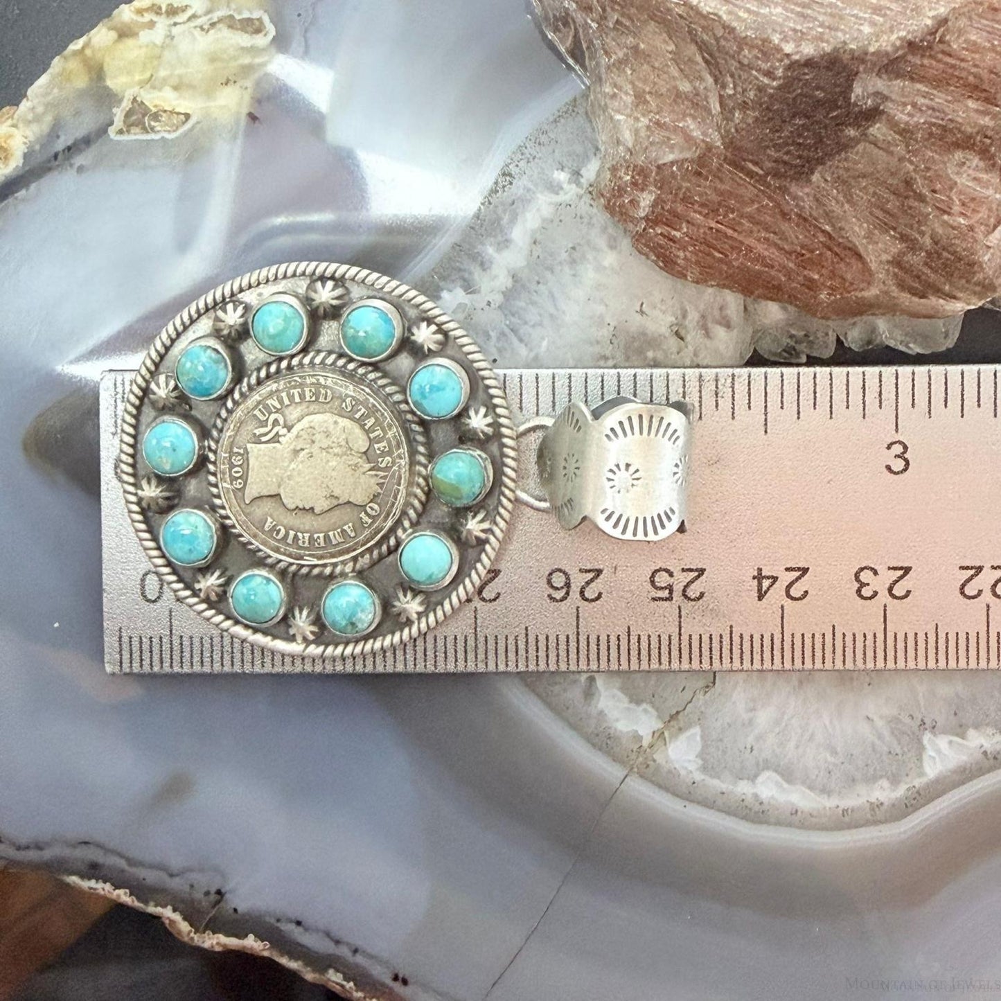 Genuine 1909 90% Silver Barber Head Dime Coin w/Mohave Turquoise Unisex Pendant