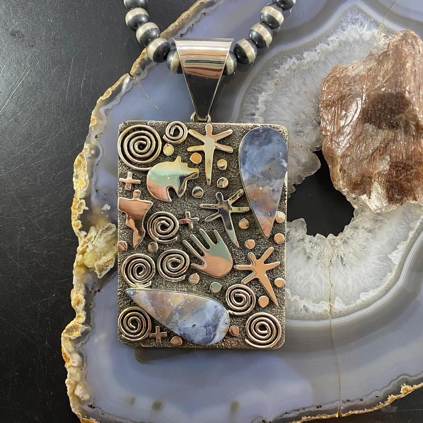 Alex Sanchez Sterling Silver Teardrop Purple Agate Rectangle Petroglyph Pendant
