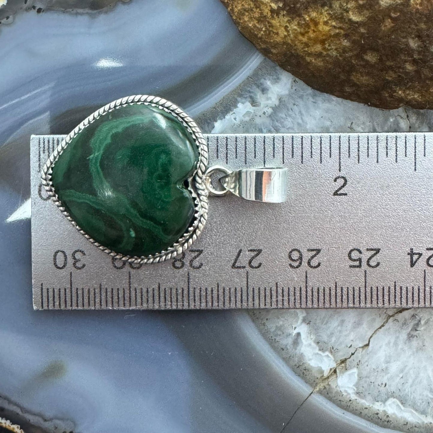 Sterling Silver Southwestern Style Malachite Heart Shape Pendant For Women
