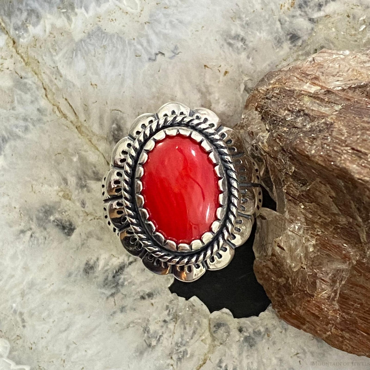 Carolyn Pollack Southwestern Style Sterling Silver Oval Red Jasper Decorated Ring For Women