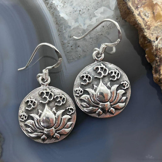 Sterling Silver Lotus and Om Dangle Earrings For Women