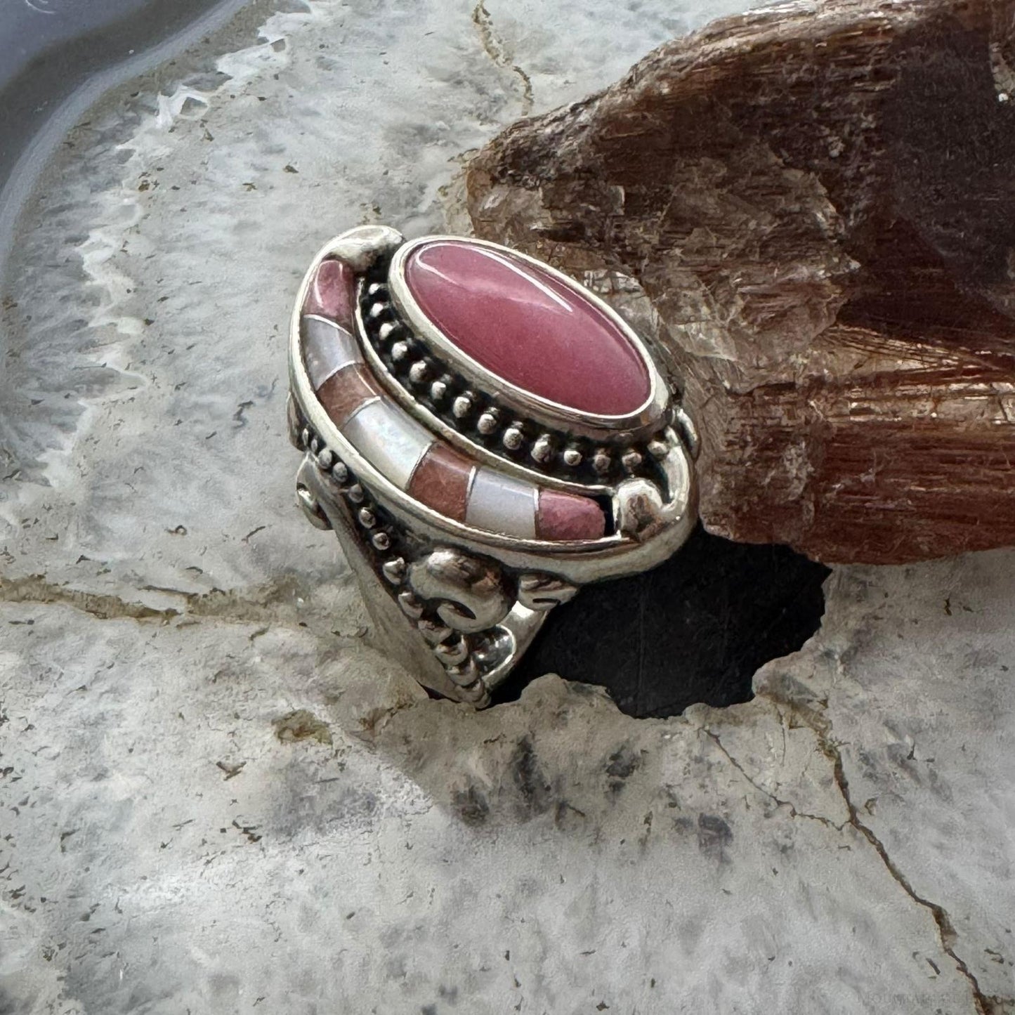 Carolyn Pollack Southwestern Style Sterling Silver Inlay Rhodonite & MOP Ring For Women