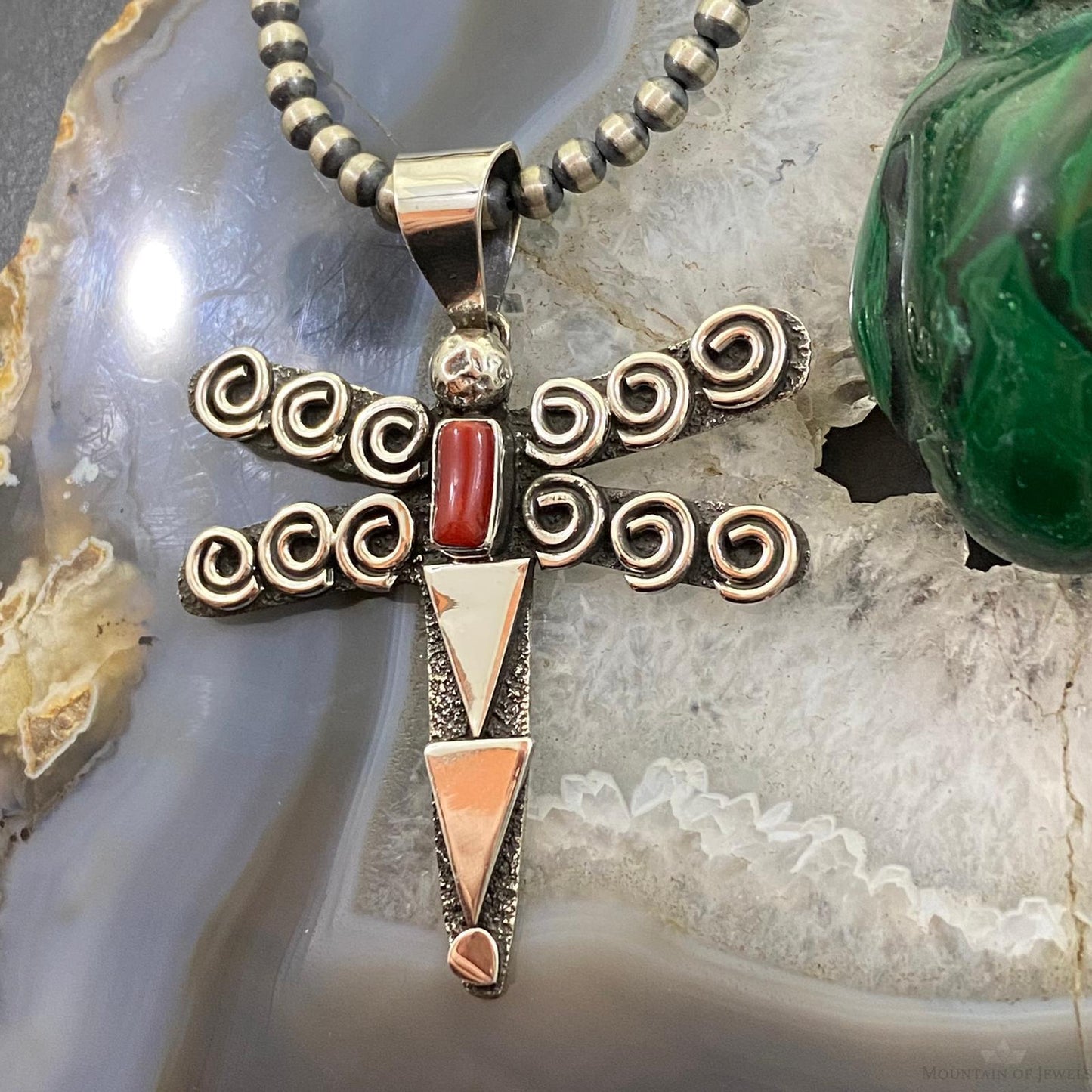 Alex Sanchez Sterling Silver Petroglyph & Coral Dragonfly Unisex Pendant #2