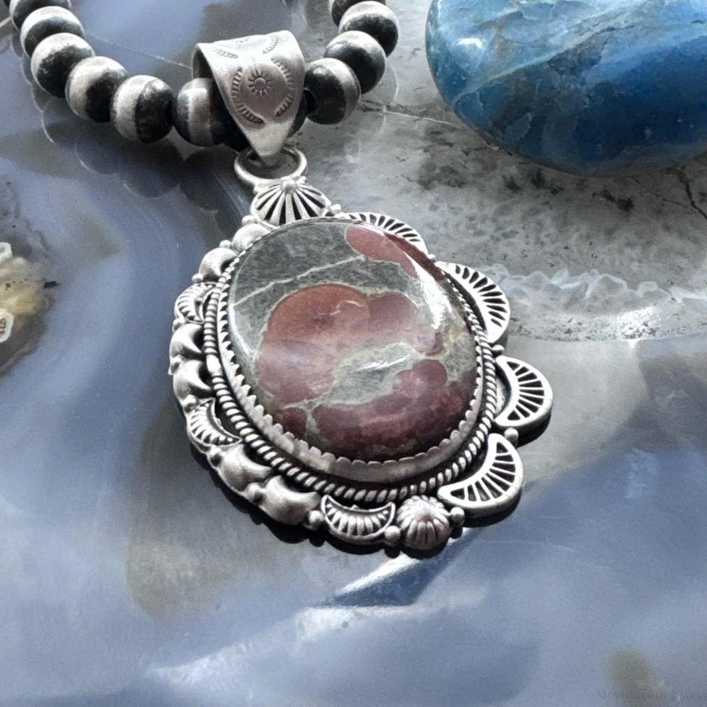 Sterling Silver Southwestern Style Elongated Oval Peanut Obsidian Decorated Pendant For Women