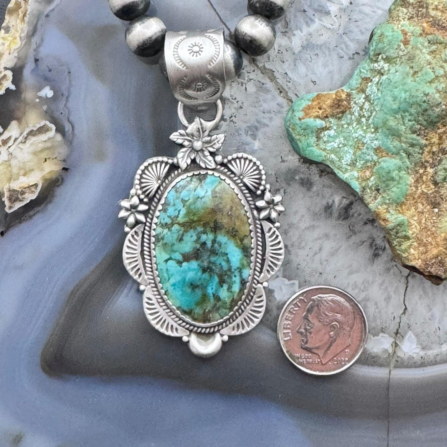 Sterling Silver Southwestern Style Oval Turquoise Decorated Pendant For Women
