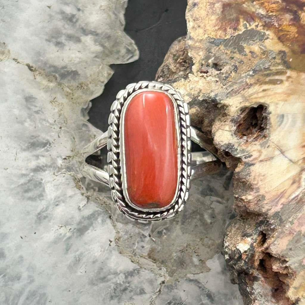 Sterling Silver Southwestern Style Coral Ring Size 7 For Women