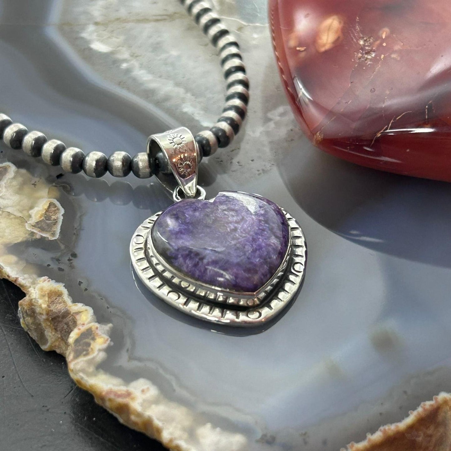 Sterling Silver Southwestern Style Charoite Decorated Heart Pendant For Women
