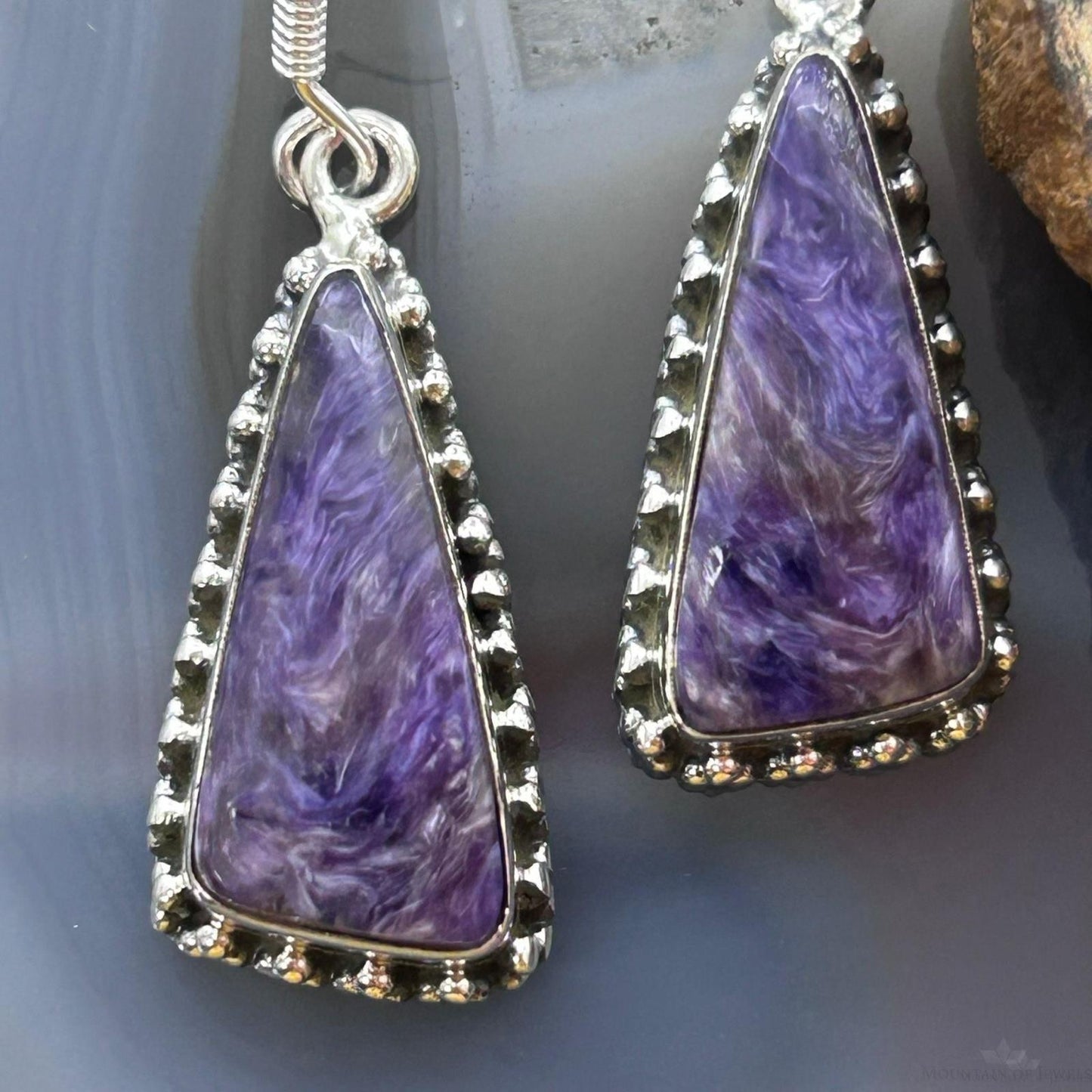 Sterling Silver Southwestern Style Triangle Charoite Dangle Earrings For Women
