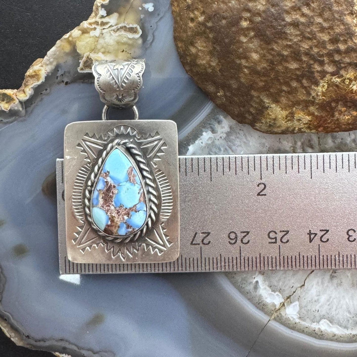 Native American Sterling Silver Teardrop Golden Hill Turquoise Decorated Pendant