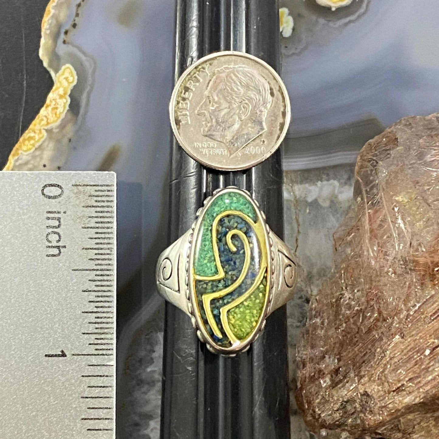 Carolyn Pollack Southwestern Style Sterling Green Turquoise & Lapis Chip Inlay Oval Ring For Women
