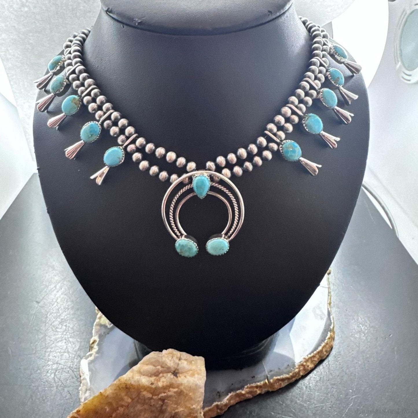Sterling Silver Southwestern Style Turquoise Squash Blossom 18"-20" Necklace For Women