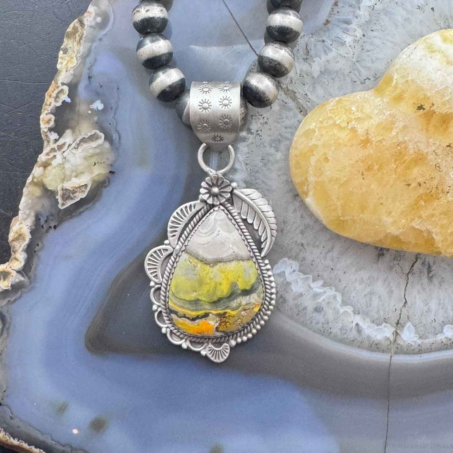 Sterling Silver Southwestern Style Teardrop Bumblebee Jasper Decorated Pendant For Women