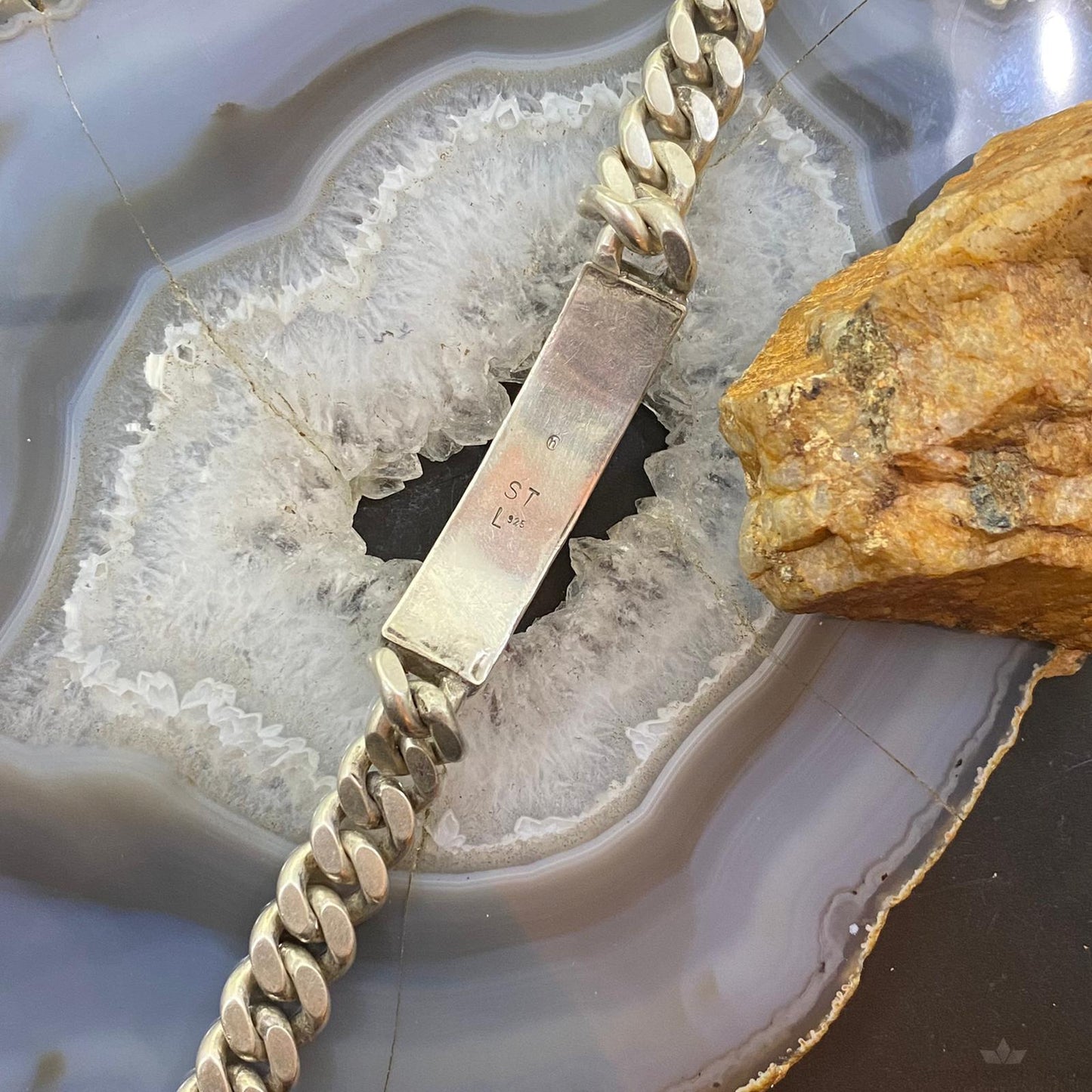 Signed Vintage Native American Silver Multi Stone Inlay Tennis Bracelet For Men
