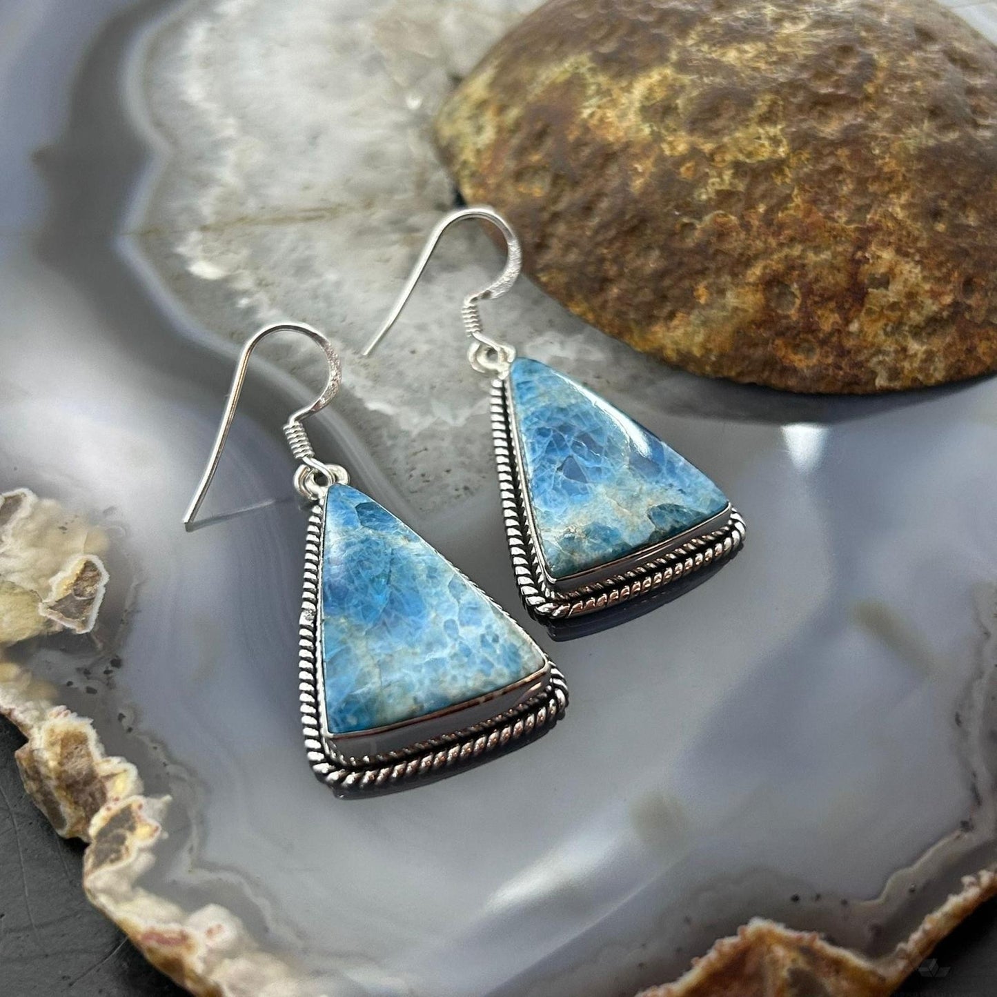 Sterling Silver Southwestern Style Triangle Blue Apatite Dangle Earrings For Women
