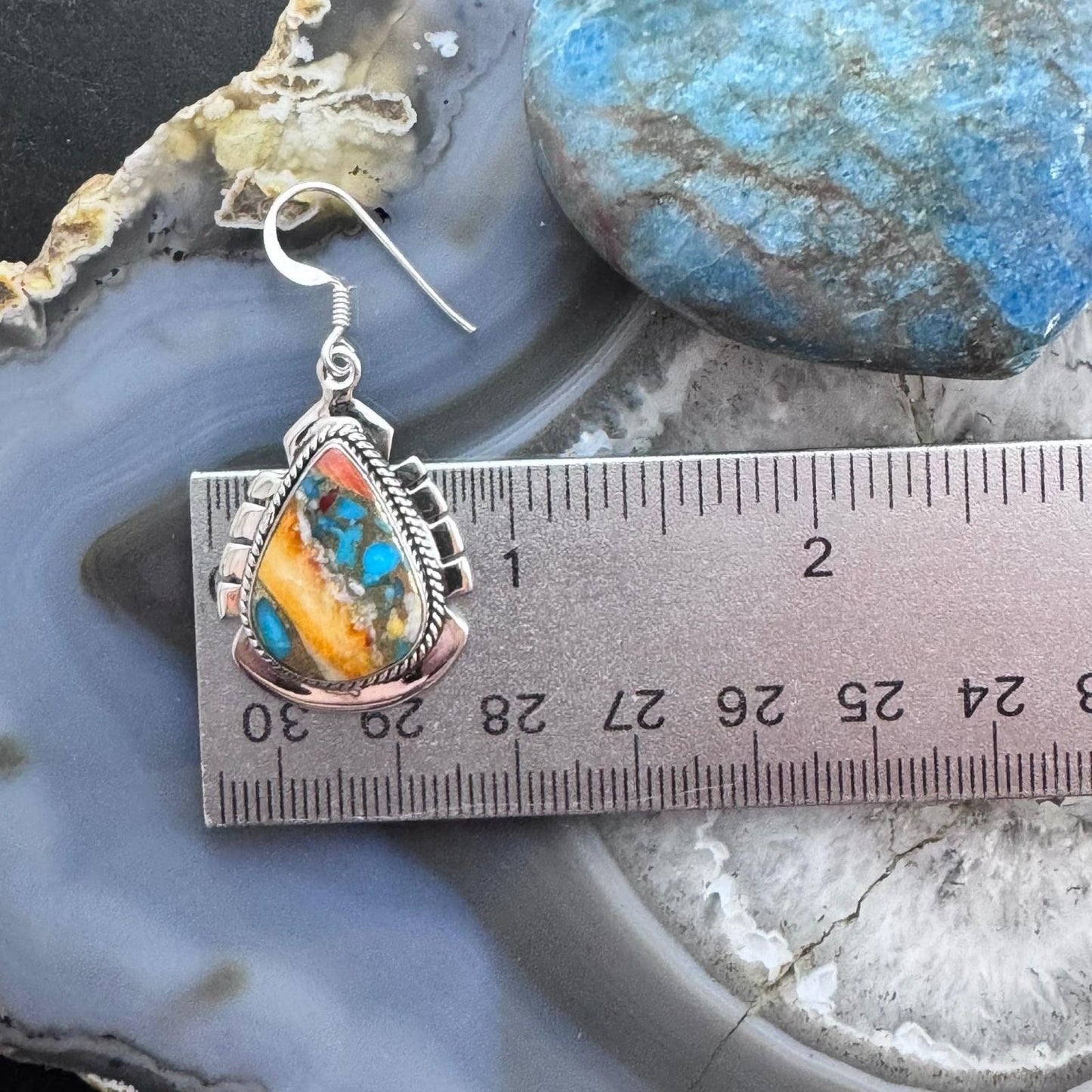 Sterling Silver Southwestern Style Teardrop Spiny & Turquoise Dangle Earrings For Women