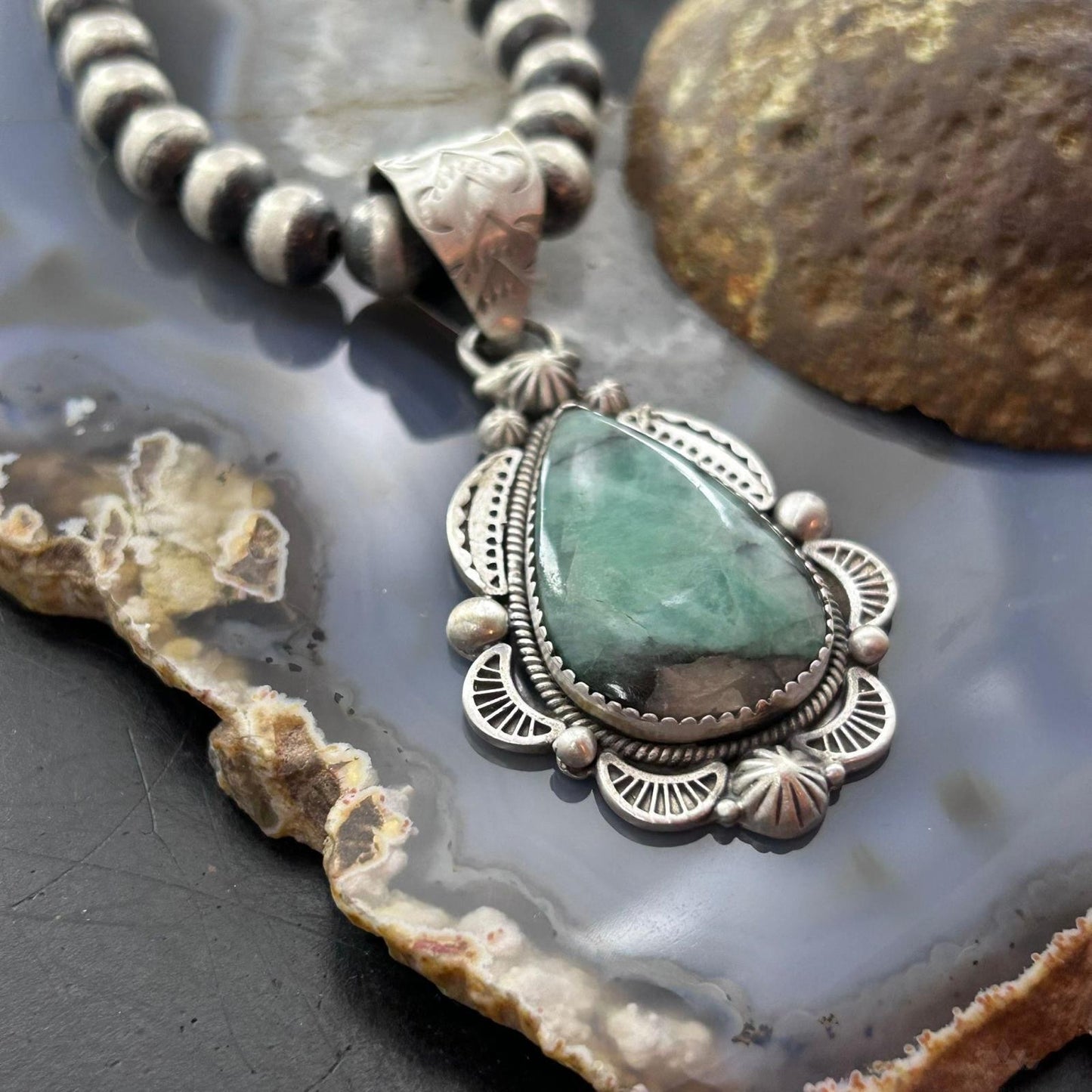 Sterling Silver Southwestern Style Teardrop Emerald Decorated Pendant For Women