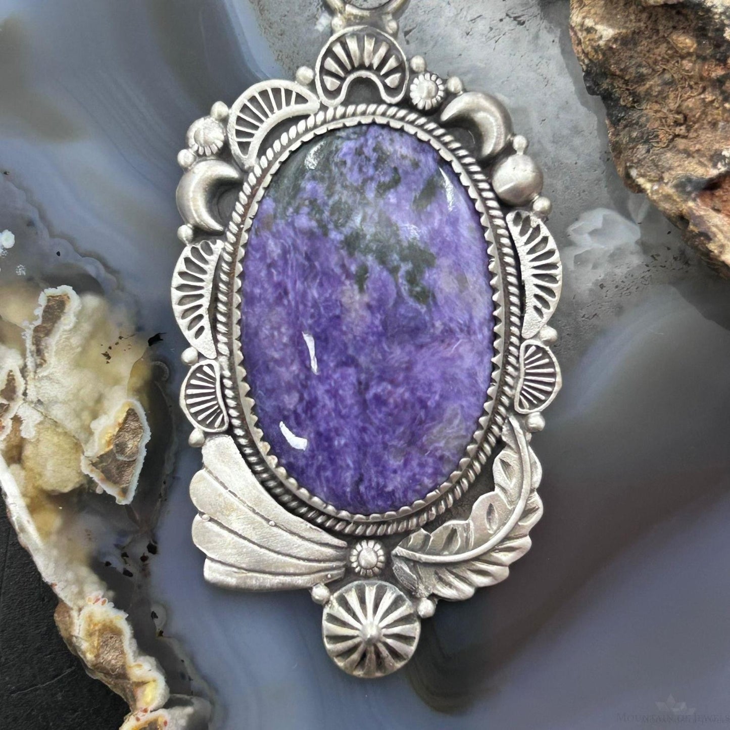 Sterling Silver Southwestern Style Oval Charoite Decorated Pendant For Women