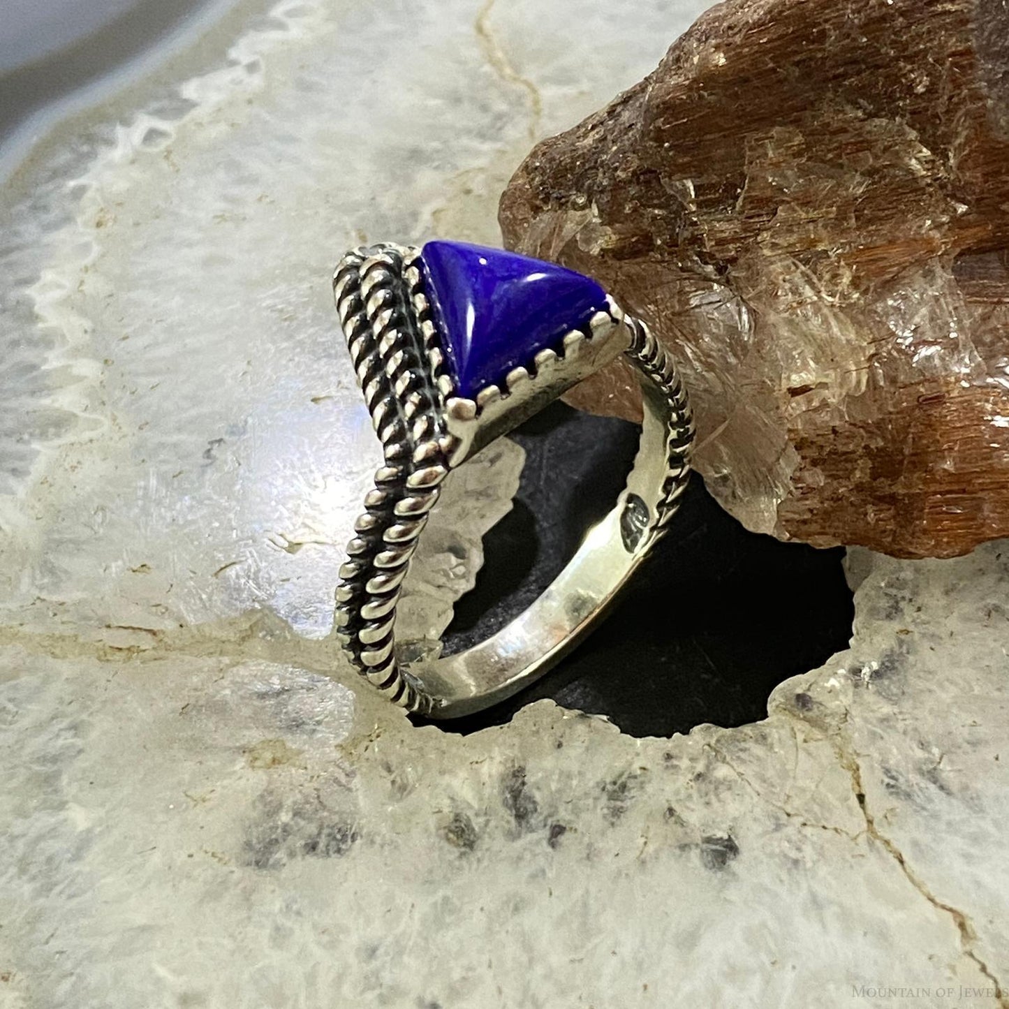 Carolyn Pollack Southwestern Style Sterling Silver Triangle Lapis Lazuli Decorated Ring For Women