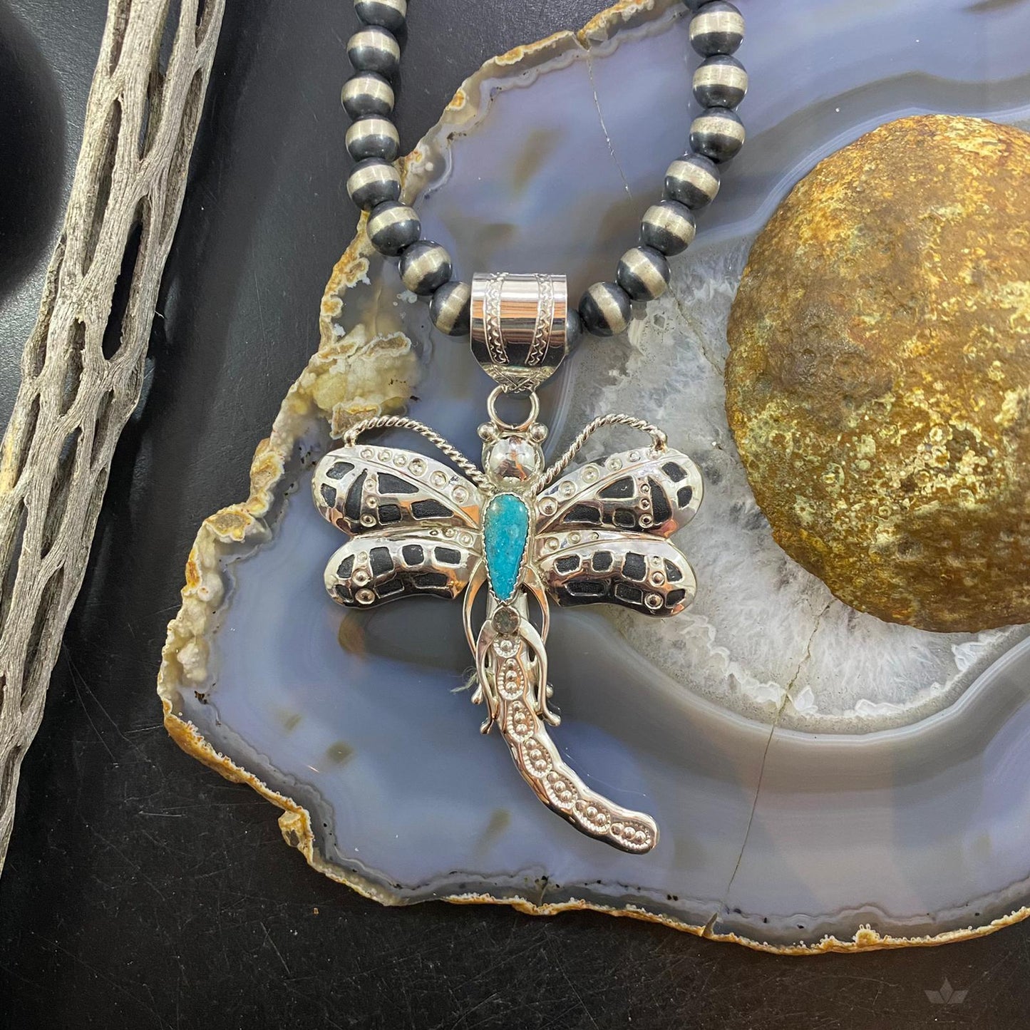 Alonzo Mariano Sterling Kingman Turquoise Dragonfly Decorated Pendant For Women