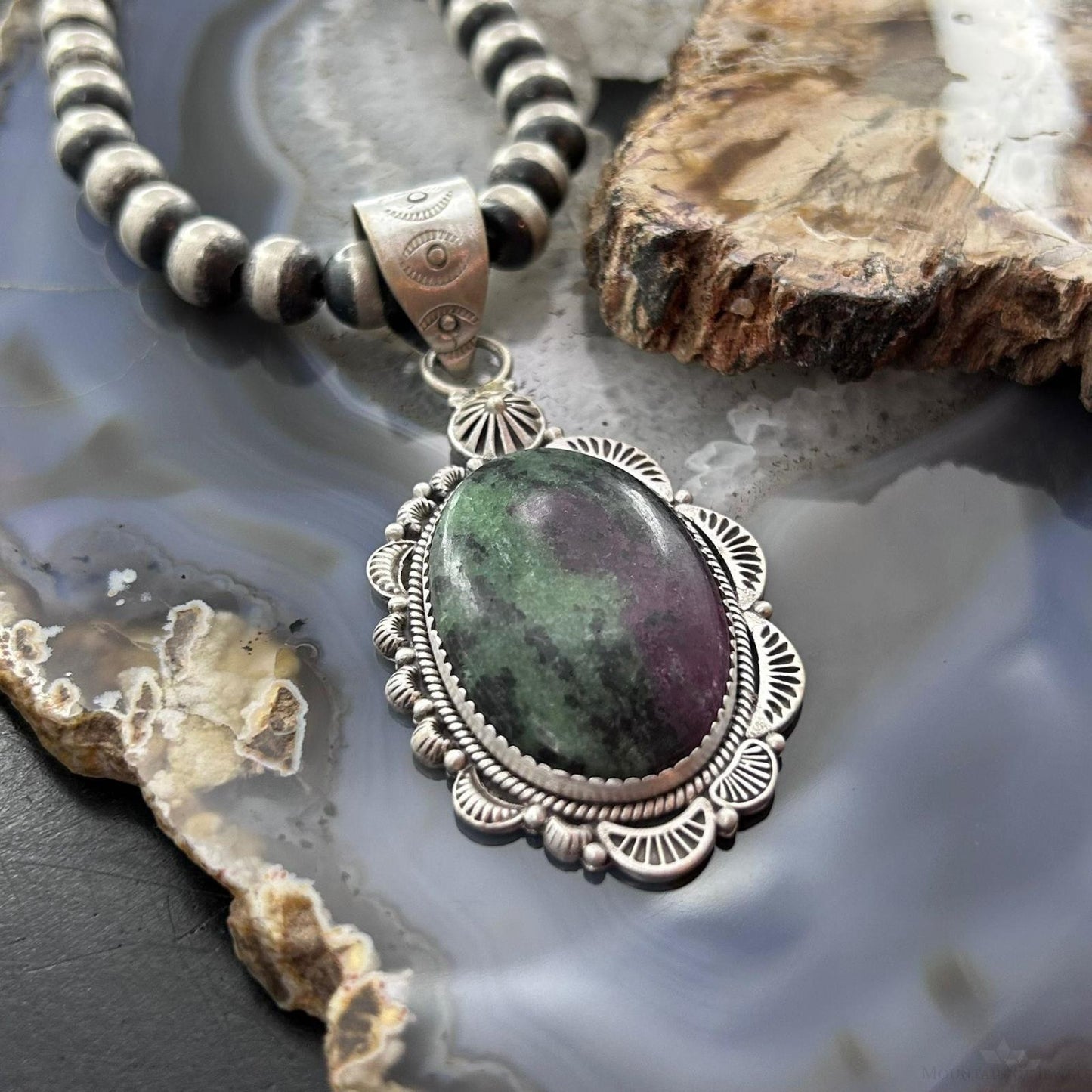 Sterling Silver Southwestern Style Oval Ruby Zoisite Decorated Pendant For Women