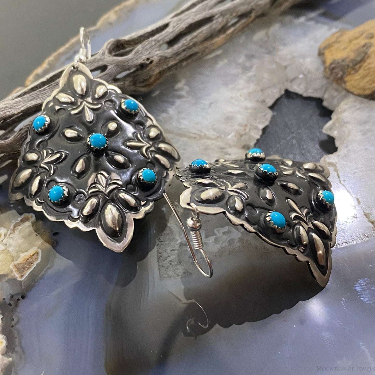 Leander Tahe Sterling Silver Turquoise Floral Repousse Square Concho Earrings
