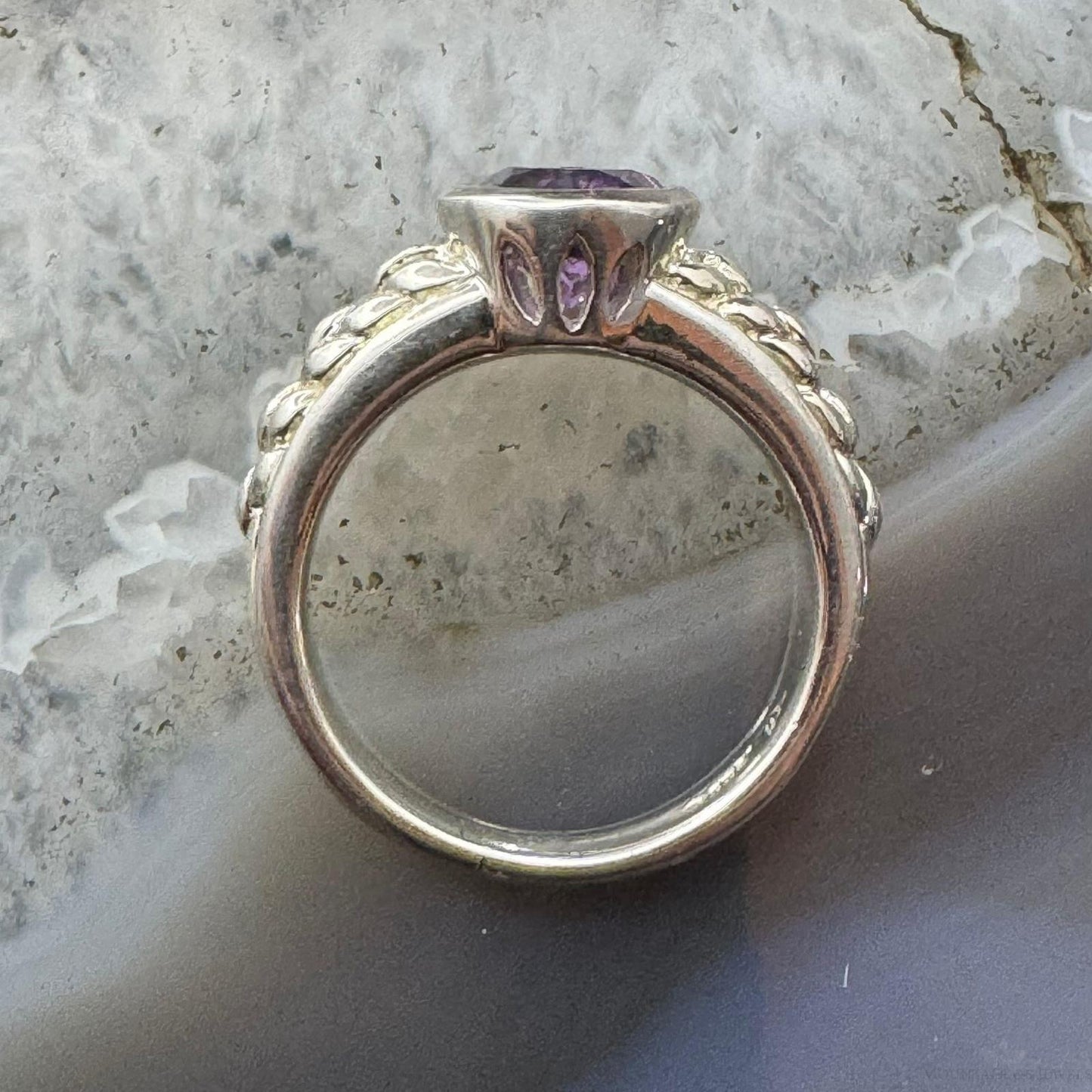 Carolyn Pollack Sterling Silver Rounded Amethyst Decorated Shank Ring For Women